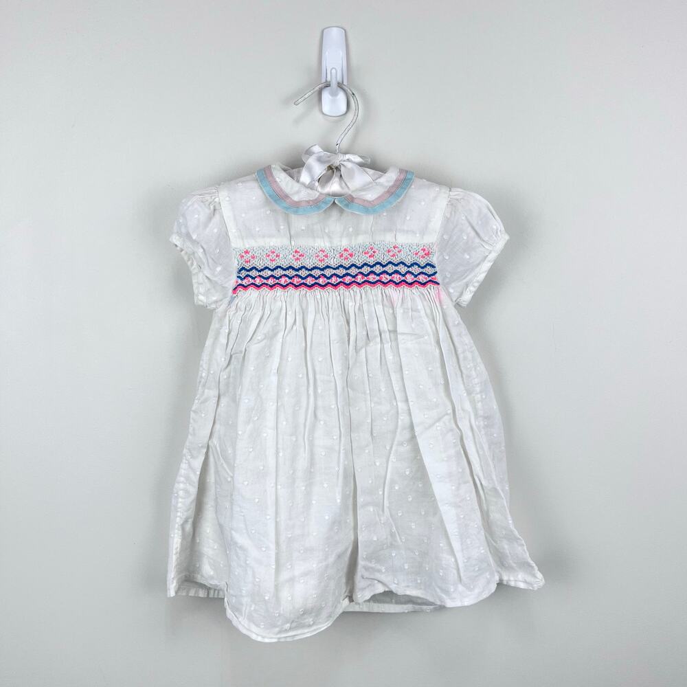 Mini Baby Boden Smocked White Eyelet Dress 6-12 Months